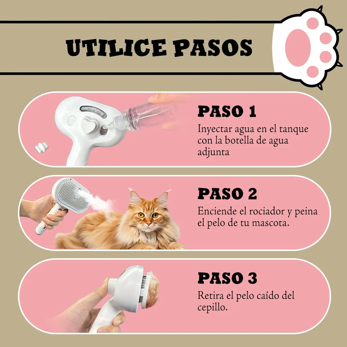DEPILACIÓN CEPILLO DE VAPOR TIPO PULSADOR PARA GATO/PERRO.🐶😺