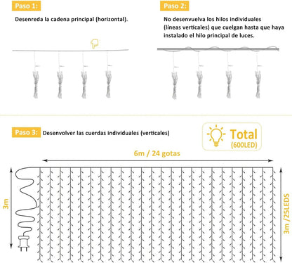 💡SERIE DE LUCES LED TIPO CORTINA 3X3 METROS 🎁 (300 FOCOS - 8 MODOS DE ILUMINACION)